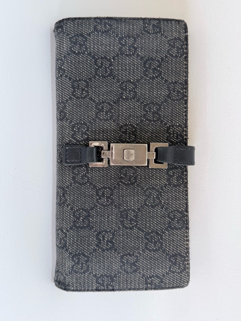 Vintage Gucci Black GG Monogram Continental Wallet with Silver-Tone Buckle